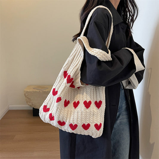 Knitted Tote Bag with Heart Accents