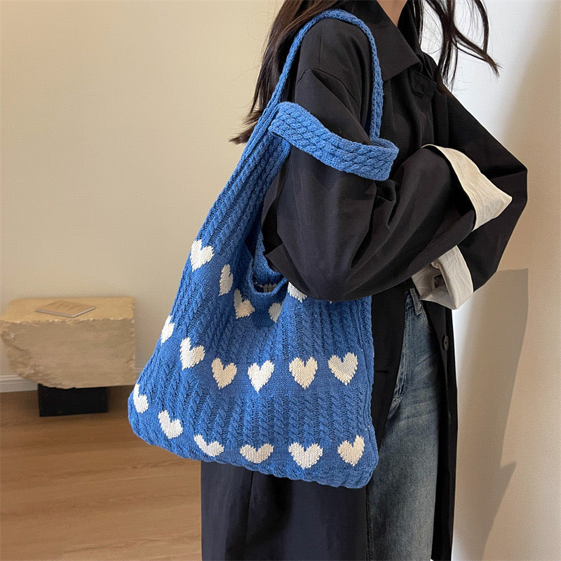 Knitted Tote Bag with Heart Accents