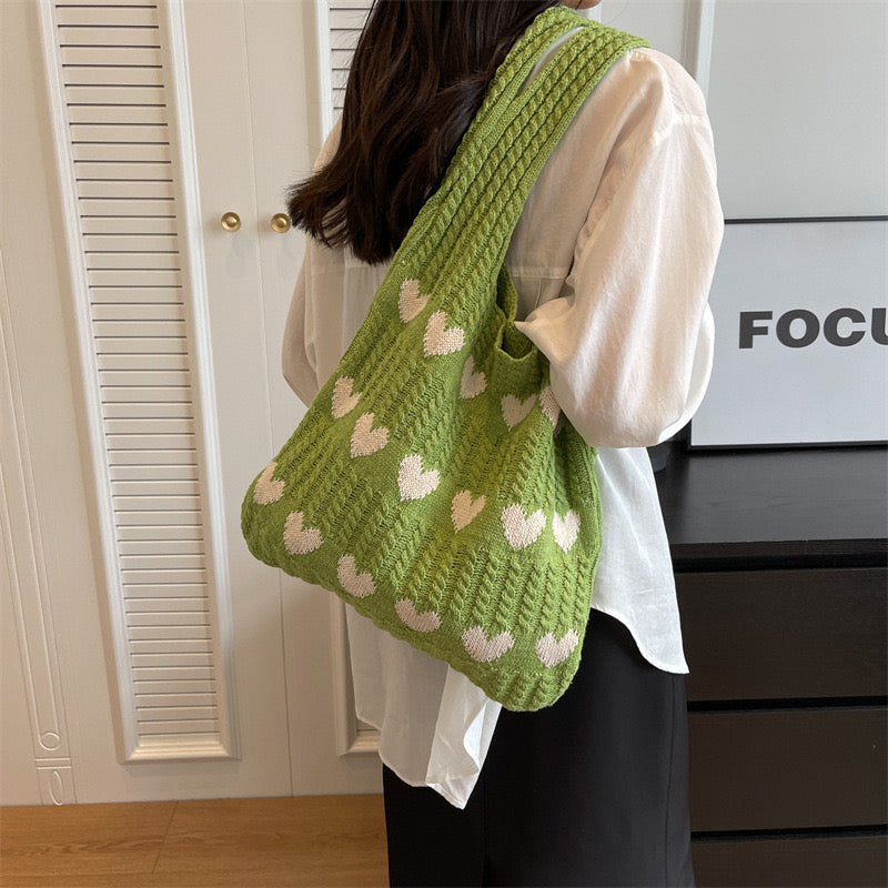 Knitted Tote Bag with Heart Accents