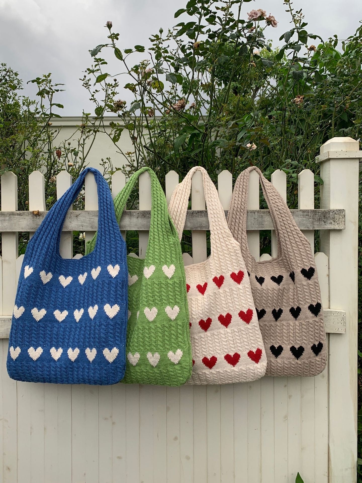 Knitted Tote Bag with Heart Accents