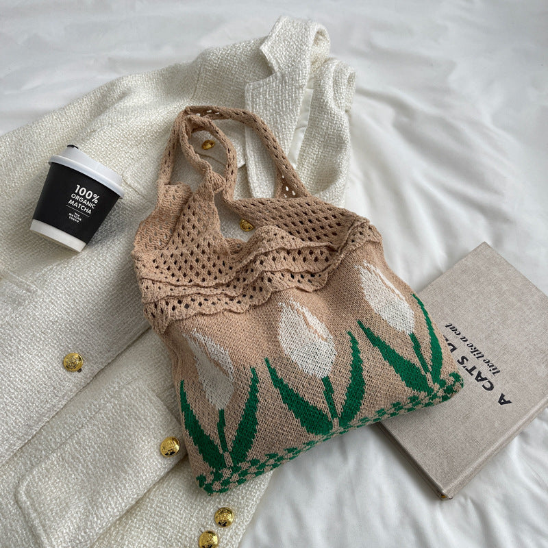 Hollow Knit Tulip Shoulder Bag