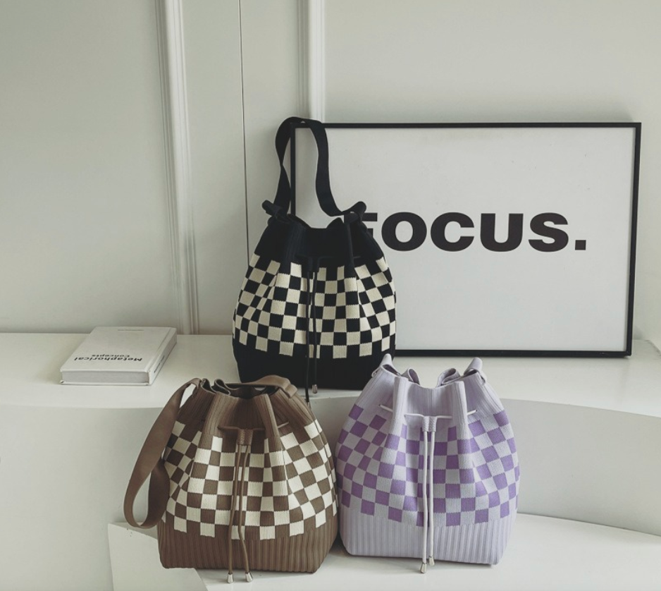 Checkered Knit Bucket Bag