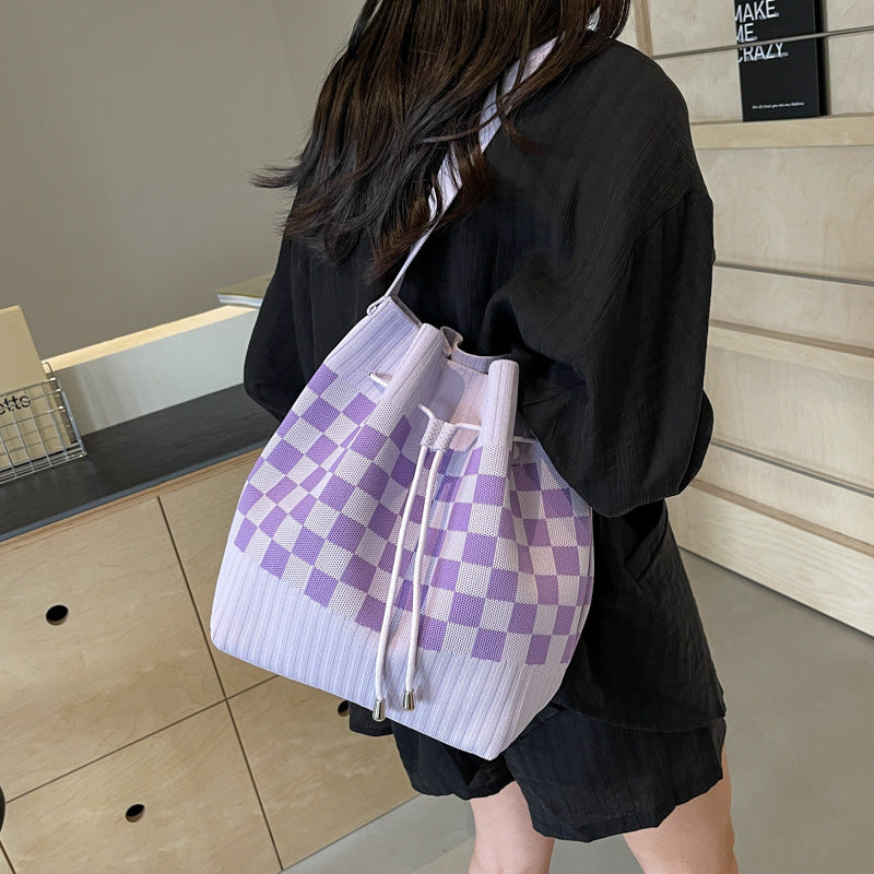 Checkered Knit Bucket Bag