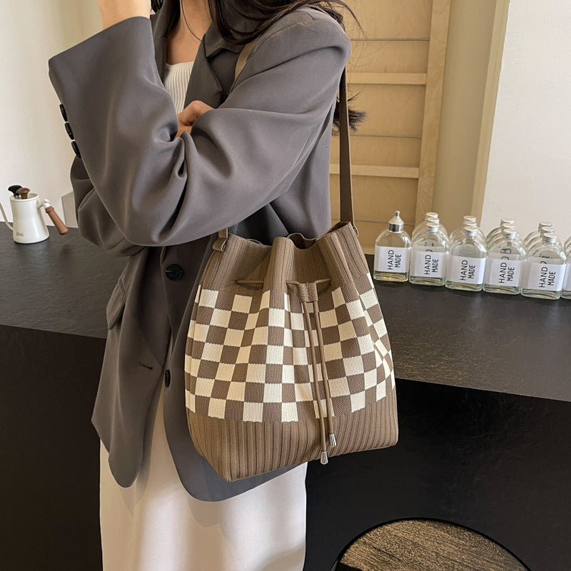 Checkered Knit Bucket Bag