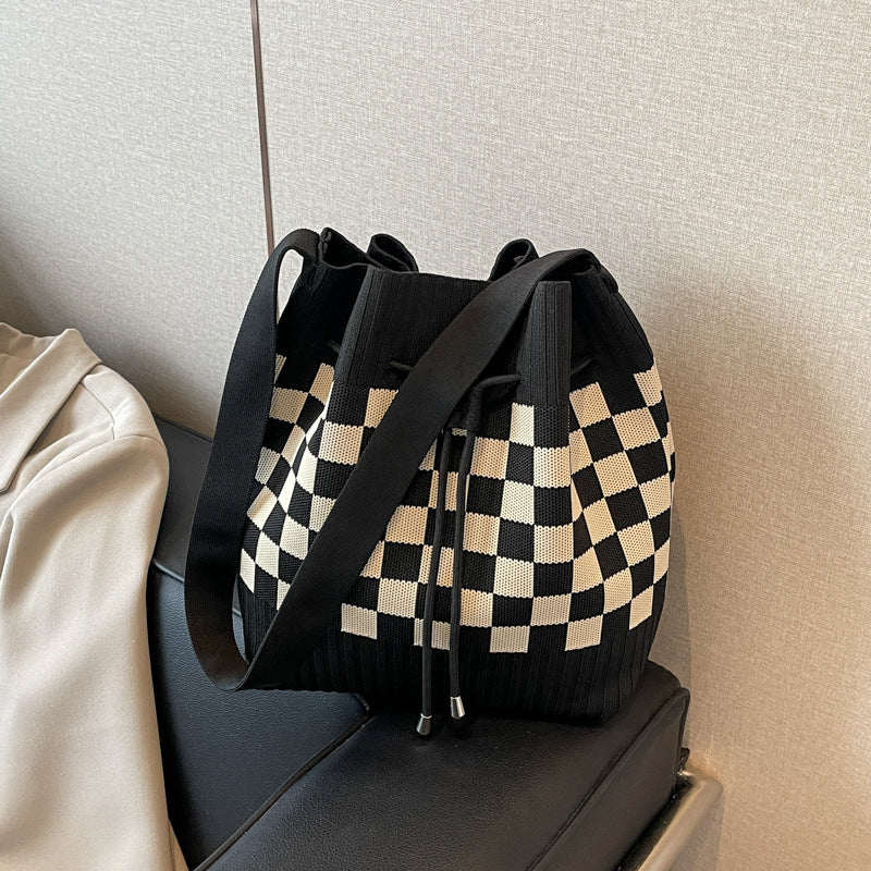 Checkered Knit Bucket Bag