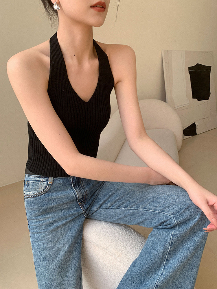 Halter Neck Sleeveless Knit Tank Top