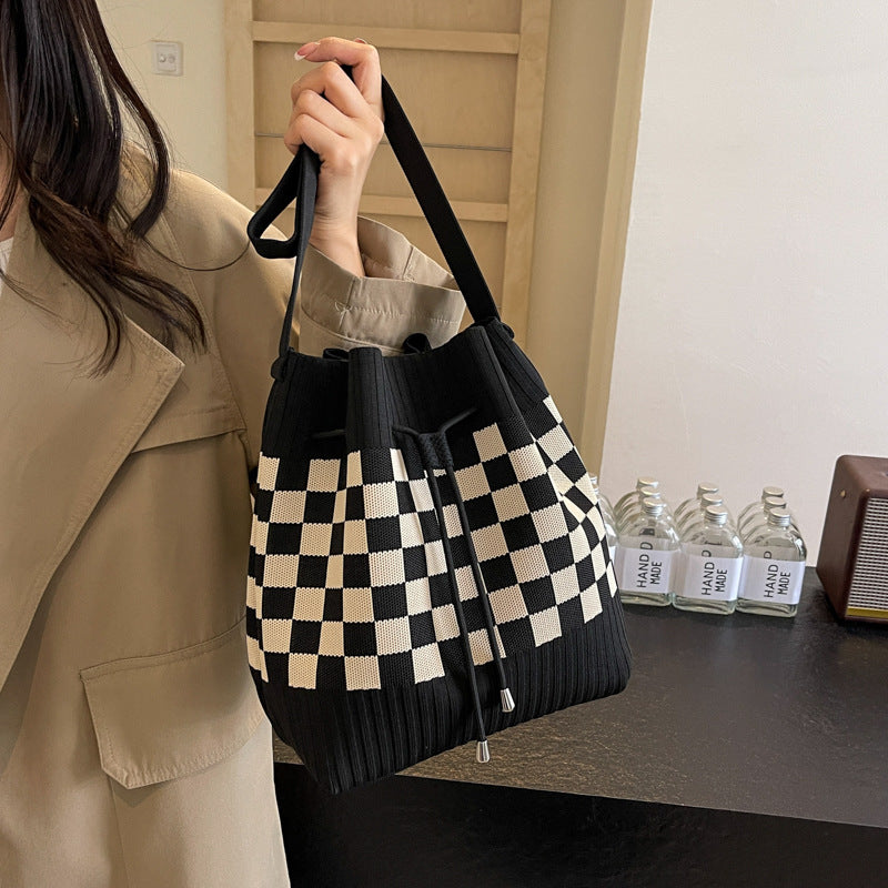 Checkered Knit Bucket Bag