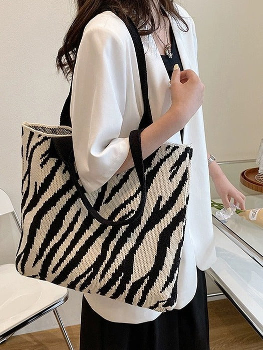 Zebra Print Knit Shoulder Bag