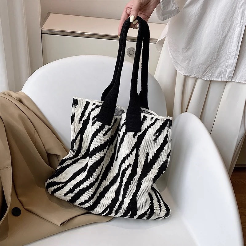 Zebra Print Knit Shoulder Bag