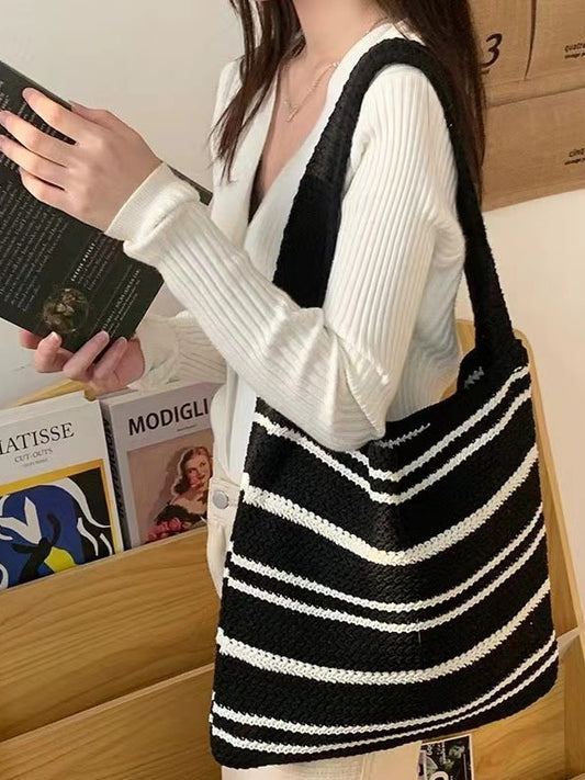 Stylish Large Capacity Striped Knit Tote Bag