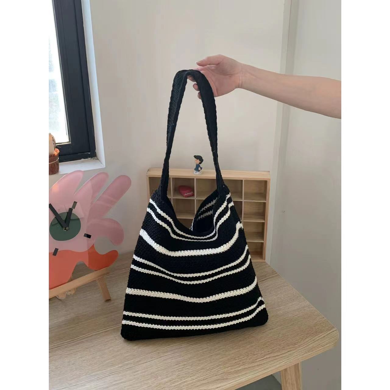 Stylish Large Capacity Striped Knit Tote Bag