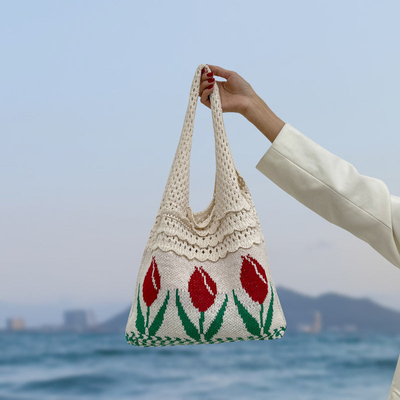 Hollow Knit Tulip Shoulder Bag