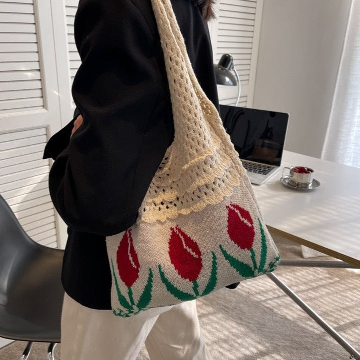 Hollow Knit Tulip Shoulder Bag