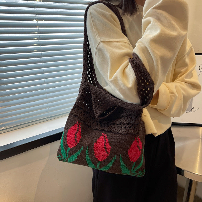 Hollow Knit Tulip Shoulder Bag