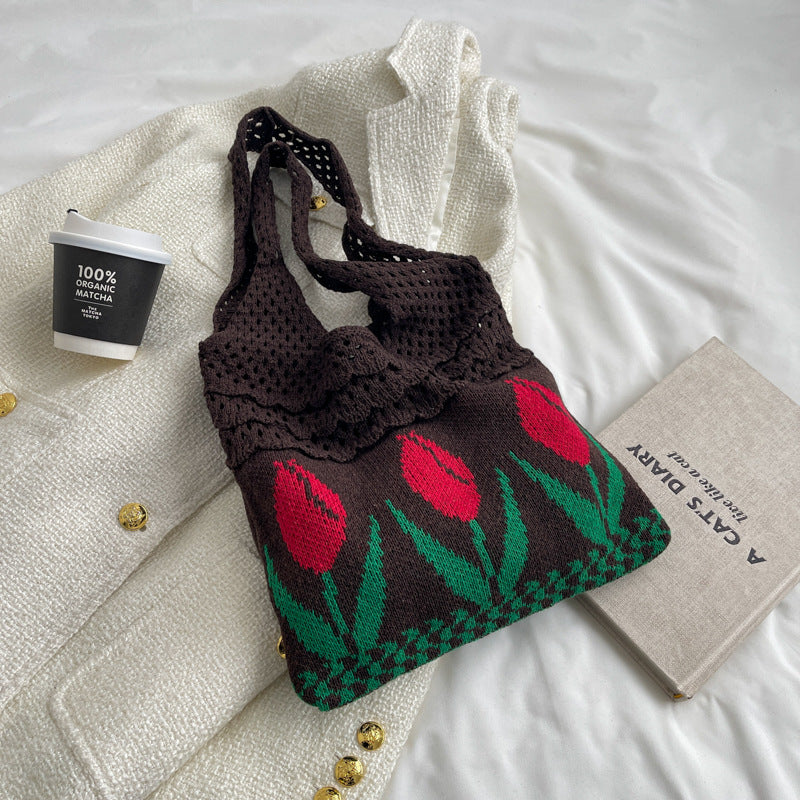 Hollow Knit Tulip Shoulder Bag