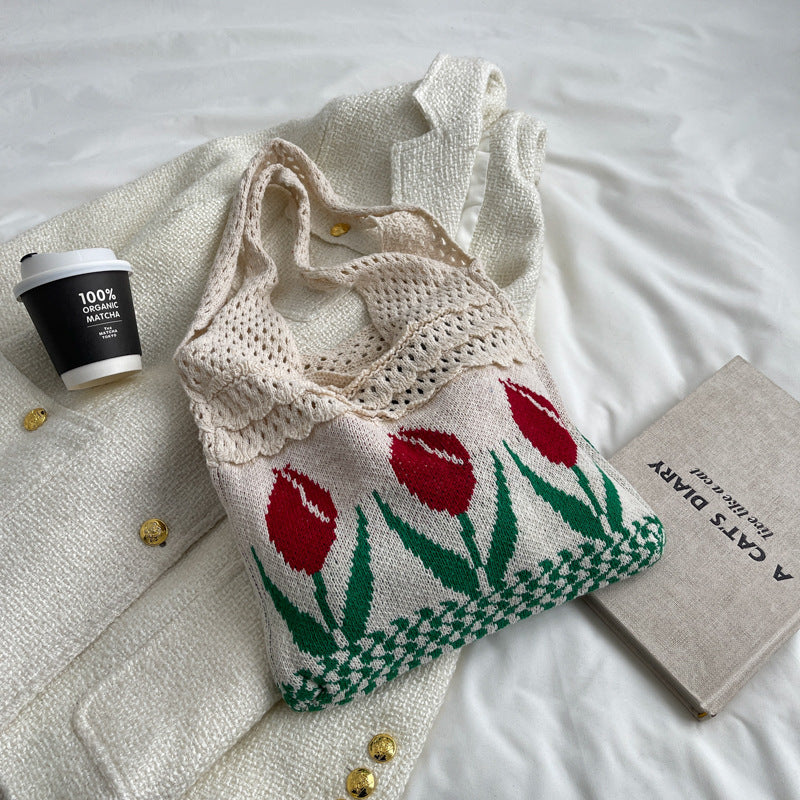 Hollow Knit Tulip Shoulder Bag